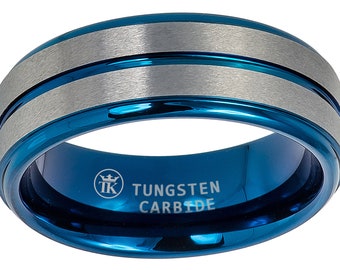 0.21ctw Blue Sapphire 3-Stone Tungsten Ring Brushed Finish Blue IP Comfort Fit 2-Tone Tungsten Wedding Ring TN744BS September Birthstone