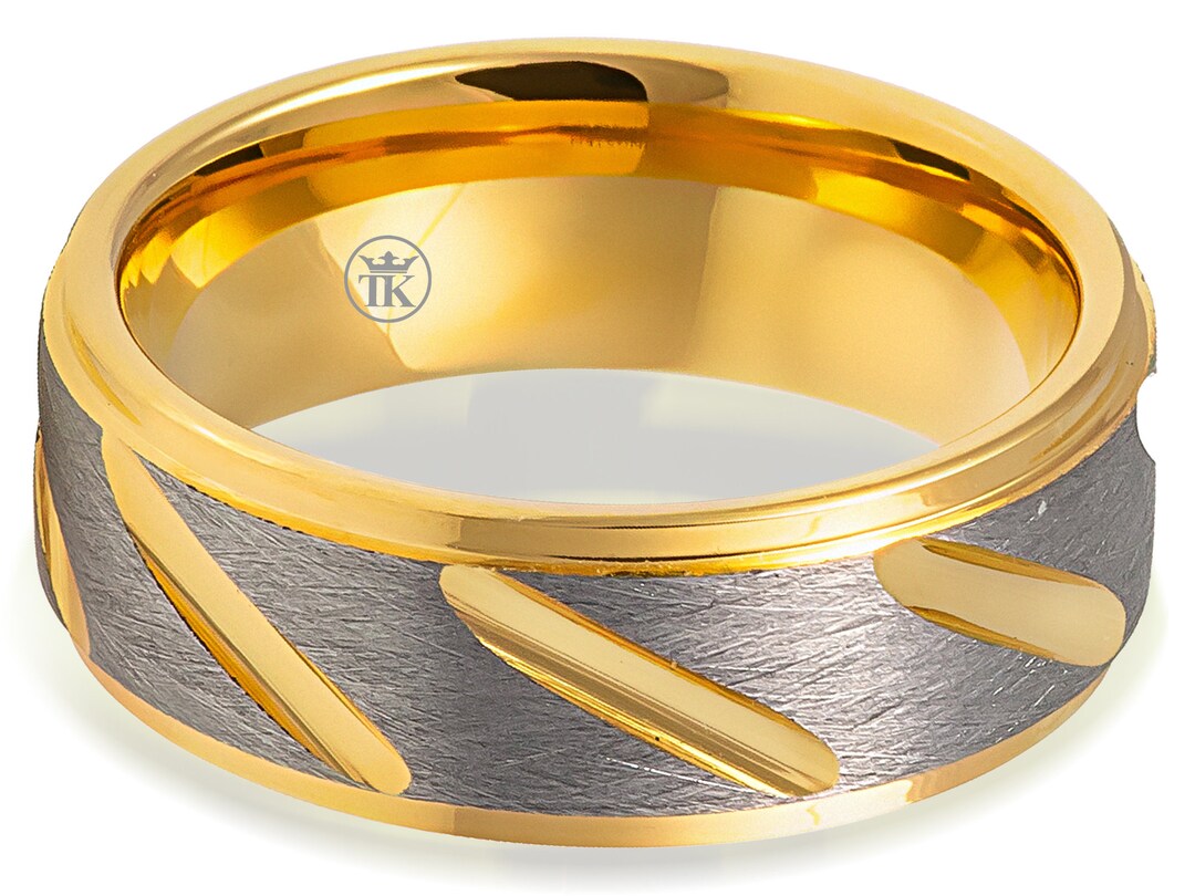 Twotone Yellow Gold Ionplated Flat Wire Brushed Finish Center Notched Comfort Fit Unisex