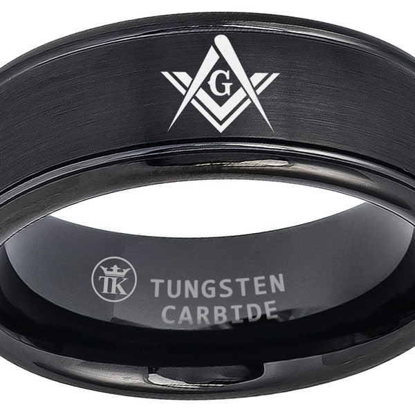 Polished Black Ion-Plated Brushed Center Grooved Edge Masonic Compass Freemason Comfort Fit Tungsten Ring 8mm