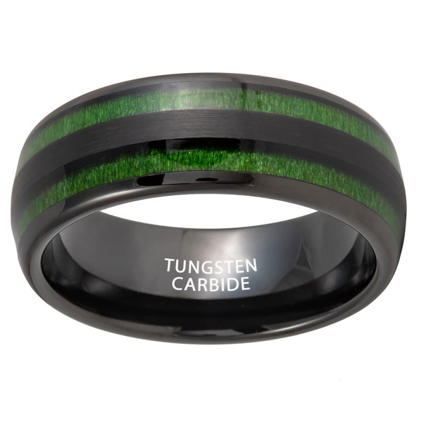 Black Ion-plated Domed Jade Wood Inlay Comfort Fit Tungsten Ring Wedding Band Anniversary Band Engagement Band 8mm