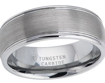 Domed Brushed Center Polished Grooved Edge Comfort Fit Tungsten Ring Unisex Gift Wedding Band Anniversary Band Engagement Band 8mm