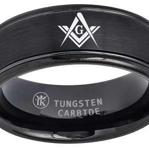 Tungsten King Two-Tone Black/Gun Metal Ion-Plated Brushed Center Masonic Compass Freemason Stepped Edge Comfort Fit Tungsten Carbide 8mm