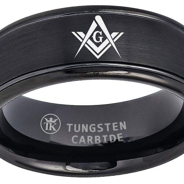 Domed Polished Black Ion-Plated Brushed Center Grooved Edge Masonic Compass Freemason Gift Comfort Fit Tungsten Ring Men's 8mm