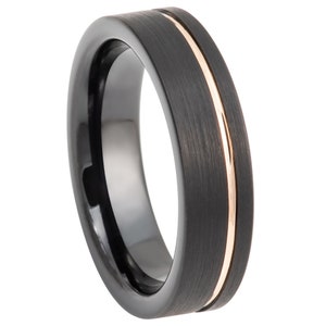Anillo de tungsteno con baño de iones negros, ranura descentrada, cepillado, corte tubular, alianza de bodas, alianza de aniversario, alianza de compromiso, unisex, ajuste cómodo, 6 mm