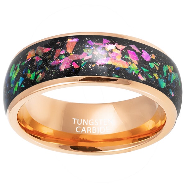 Gewölbte Rose Gold ionenplattiert w / Synthetischer Opal & Abalone Fragmente Inlay Wolfram Ring Comfort Fit Hochzeit Jahrestag Verlobungsring 8 mm