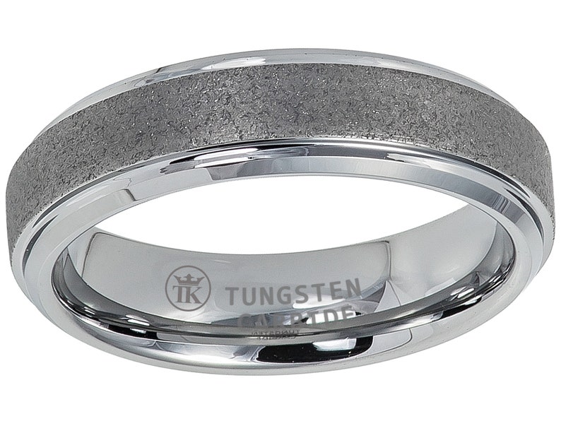 Polished Tungsten Ring Sandblasted Finish Center Stepped Edge Comfort Fit Unisex Wedding Anniversary 6mm