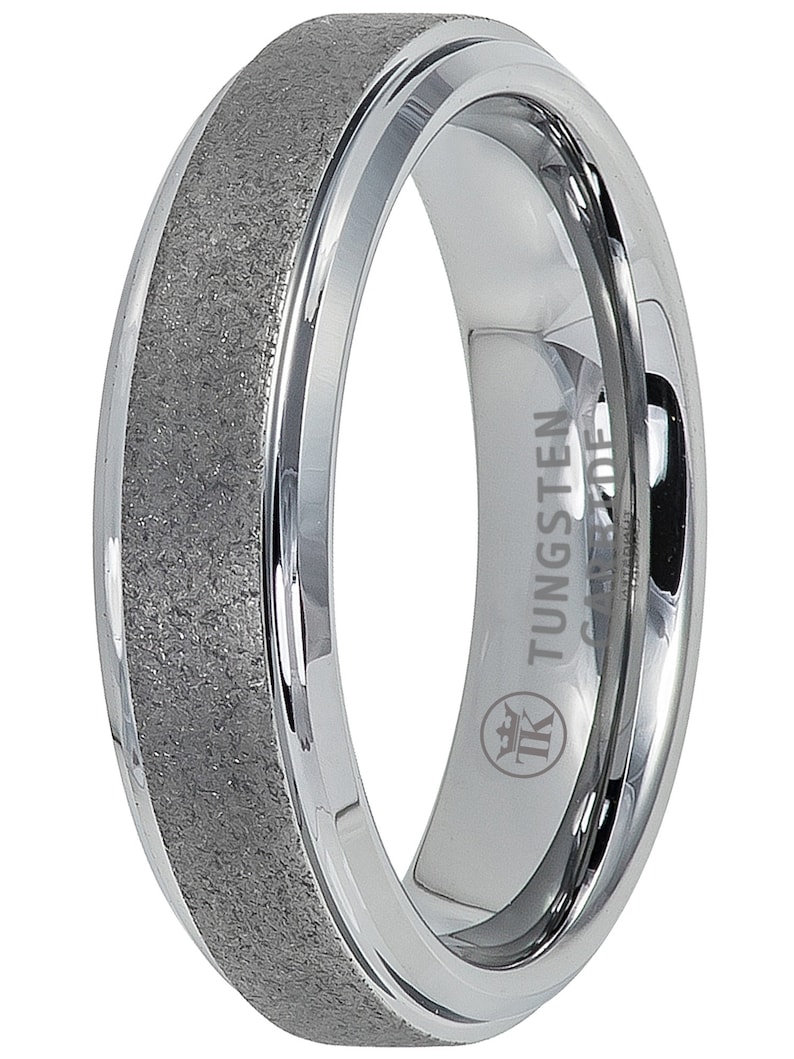 Polished Tungsten Ring Sandblasted Finish Center Stepped Edge Comfort Fit Unisex Wedding Anniversary 6mm