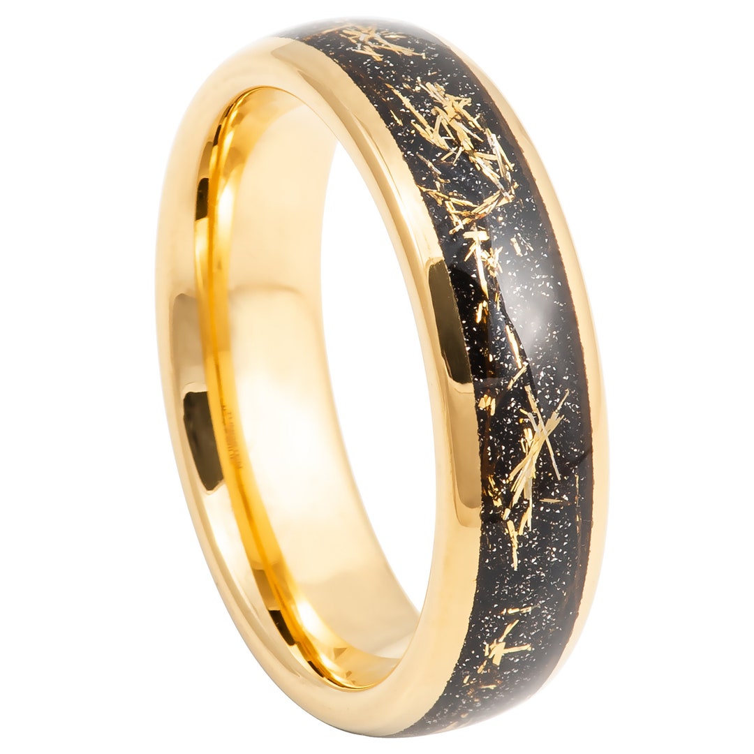 Tungsten Ring Meteorite Inlay Domed Yellow Gold Ion Plated Wedding Band