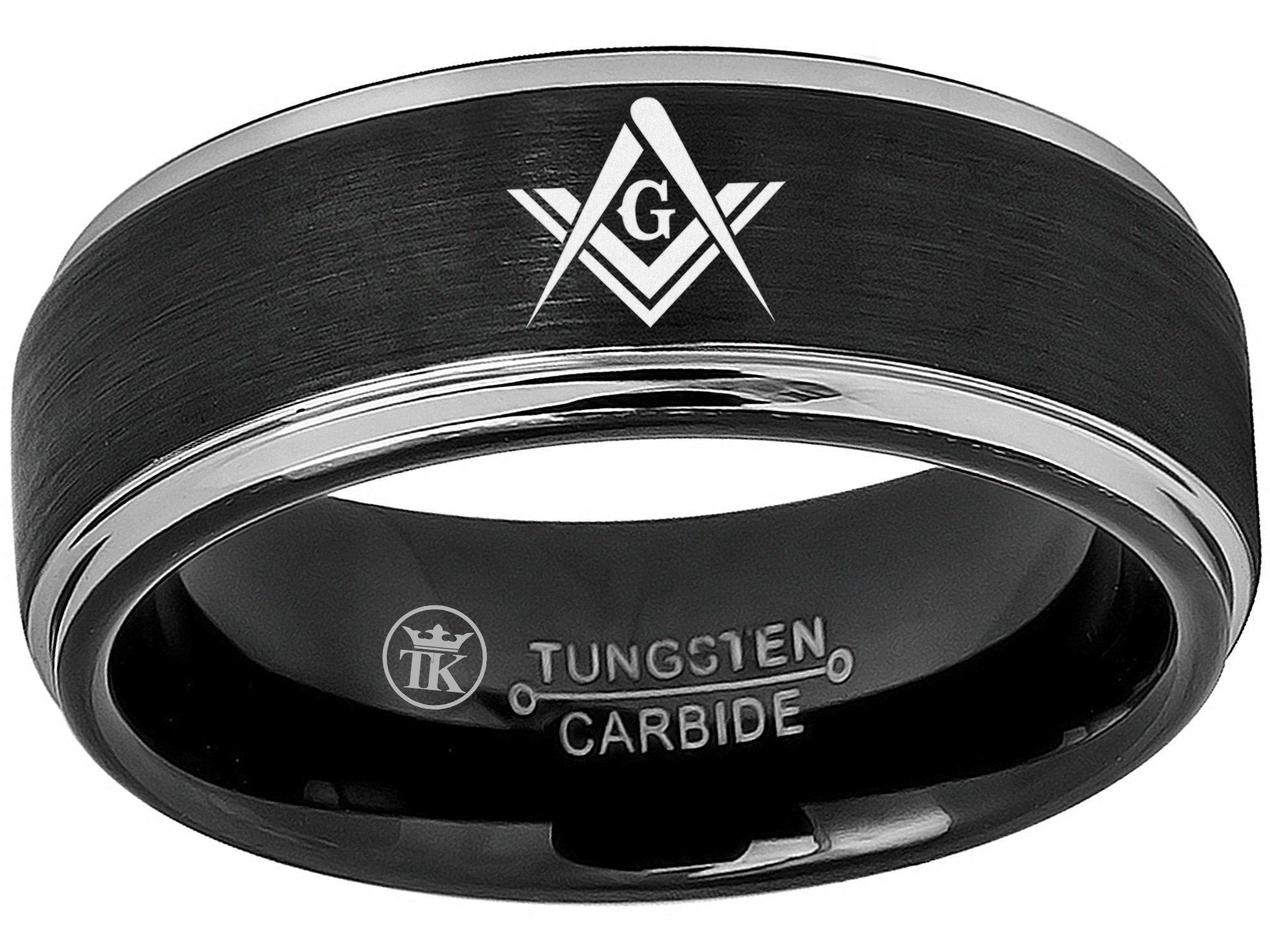 Tungsten King Two-Tone Black/Gun Metal Ion-Plated Brushed Center Masonic Compass Freemason Stepped Edge Comfort Fit Tungsten Carbide 8mm
