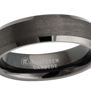 Gun-metal Grey Ion-plated Brushed Finish Polished Beveled Edge Tungsten Ring Comfort-fit Unisex 6mm