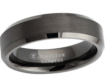 Gun-metal Grey Ion-plated Brushed Finish Polished Beveled Edge Tungsten Ring Comfort-fit Unisex 6mm