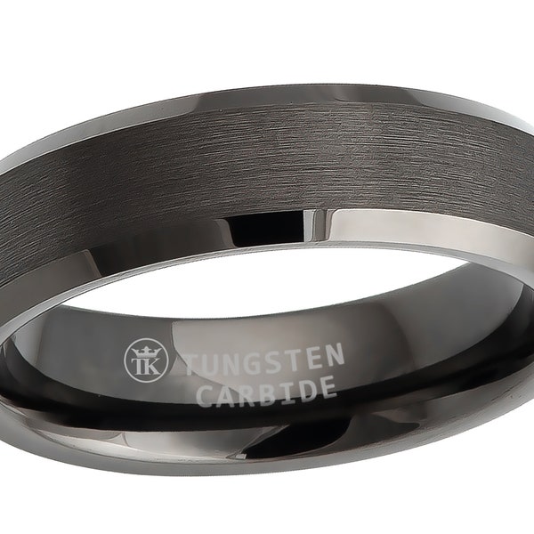 Gun-metal Grey Ion-plated Brushed Finish Polished Beveled Edge Tungsten Ring Comfort-fit Unisex 6mm