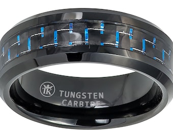 Polished Black Ion-plated Beveled Edge with Blue/Black Carbon Fiber Inlay Comfort Fit Tungsten Ring Wedding Anniversary 8mm