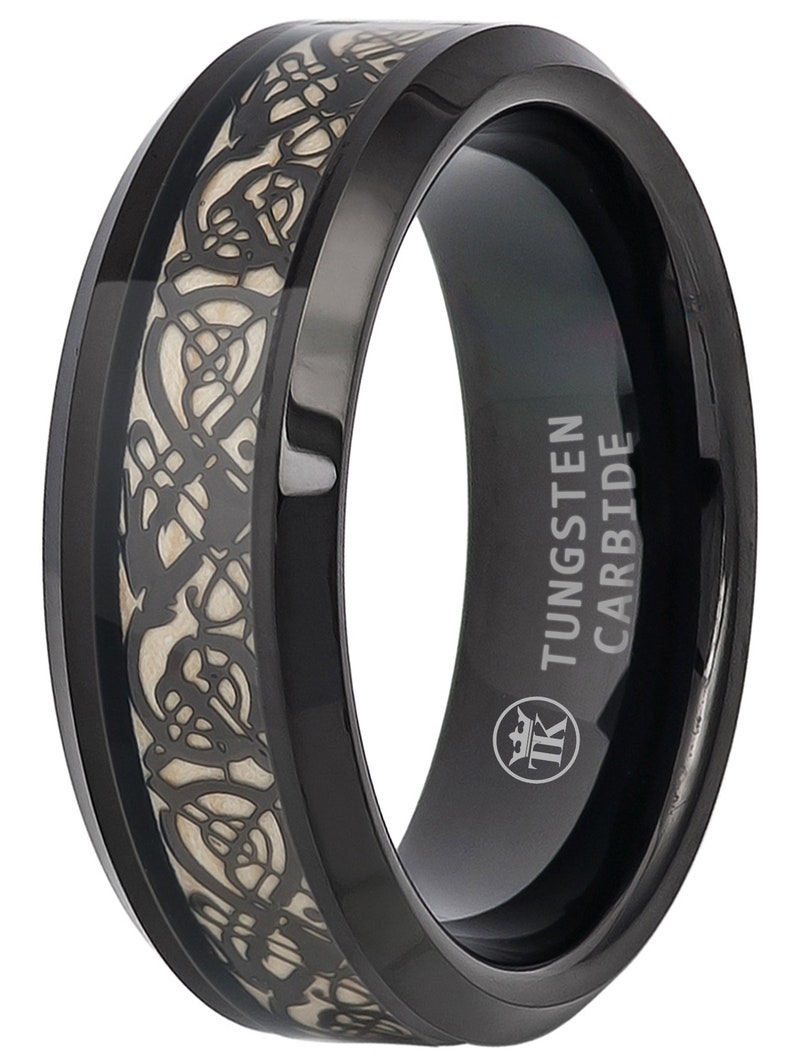 Black Ion-plated Celtic Cut-out Design Inlay Beveled Edge Comfort Fit Unisex Tungsten Ring Wedding Anniversary 8mm