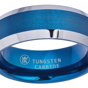 Two-tone Black/ Blue Ion Plated Brushed Center/ Gun-metal Grey Polished Beveled Edge Comfort-Fit Tungsten Ring 8mm