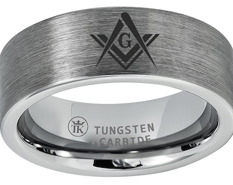 Polished Brushed Center Pipe Cut Band Masonic Compass Freemason Comfort Fit Tungsten Ring Wedding Band Anniversary Band Engagement Band 8mm