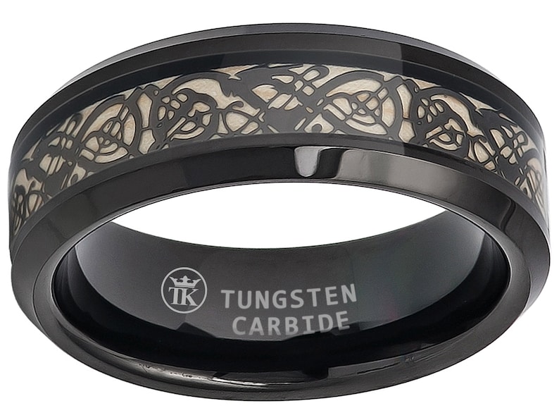 Black Ion-plated Celtic Cut-out Design Inlay Beveled Edge Comfort Fit Unisex Tungsten Ring Wedding Anniversary 8mm