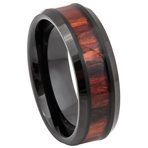 Tungsten Ring Black Ion Plated w/ Dark Mahogany Wood Inlay Beveled Edge Anniversary Band Engagement Band Promised Ring Comfort Fit - 8mm