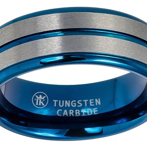 Two-tone Black or Blue Ion-plated Brushed Gray Center Finish Grooved Tungsten Ring Stepped Edge Wedding Band Engagement Band Comfort-fit 8mm