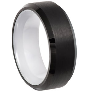 Tungsten Ring White Ceramic Sleeve w/ Black Brushed Ion Plated Beveled Edge Anniversary Band Engagement Band Fashion Ring Comfort Fit - 8mm