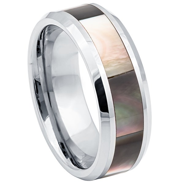 Men's Tungsten Ring w/ Dark Mother of Pearl Inlay Beveled Edge Wedding Band Anniversary Band Engagement Band Comfort Fit- 8mm