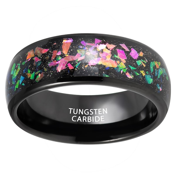 Gewölbter Ring mit Schwarzes lonenplattiertem w / Synthetischem Opal & Abalone Fragmenten Inlay Comfort Fit Wolfram Ring Hochzeit Jahrestag Verlobungsring Unisex 8 mm