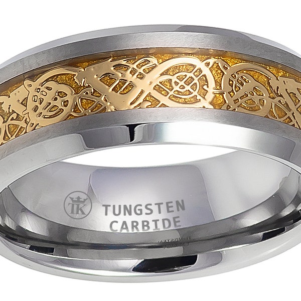 Tungsten Carbide Men's Celtic Dragon Wedding Band – 8mm Comfort Fit With Gold Inlay - View #11