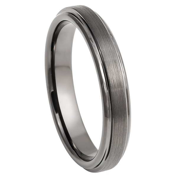 Tungsten Ring Gun Metal Ion Plated Brushed Center Stepped Edge Wedding Band Anniversary Band Engagement Band Fashion Ring Comfort Fit - 4mm