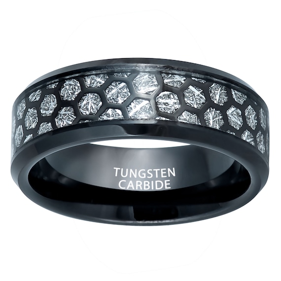 Tungsten 8 mm Beveled-Edge Band with Imitation Meteorite Inlay Tungsten 8 mm Beveled-Edge Band with Imitation Meteorite Inlay
