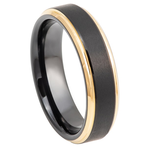 Tungsten Ring 2-Tone Black/Yellow Gold Ion Plated Center Brushed Stepped Edge Wedding Band Anniversary Band Engagement Band Comfort Fit- 6mm