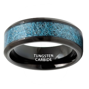 Black Ion Plated w/ Blue Silk Thread Inlay Tungsten Ring Wedding Anniversary Engagement Unisex Gift Promised Ring Comfort-fit 8mm
