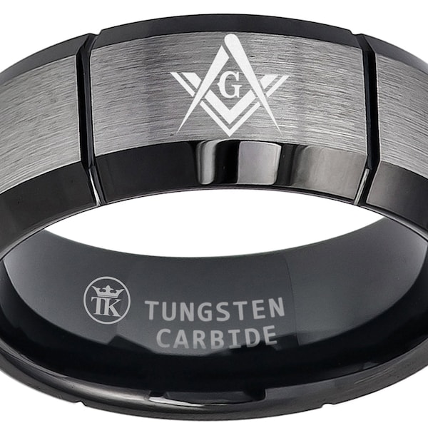 Two-Tone Black/Gun Metal Ion-plated Brushed Center Vertical Grooves Beveled Edge Masonic Compass Freemason Comfort Fit Tungsten Ring 8mm