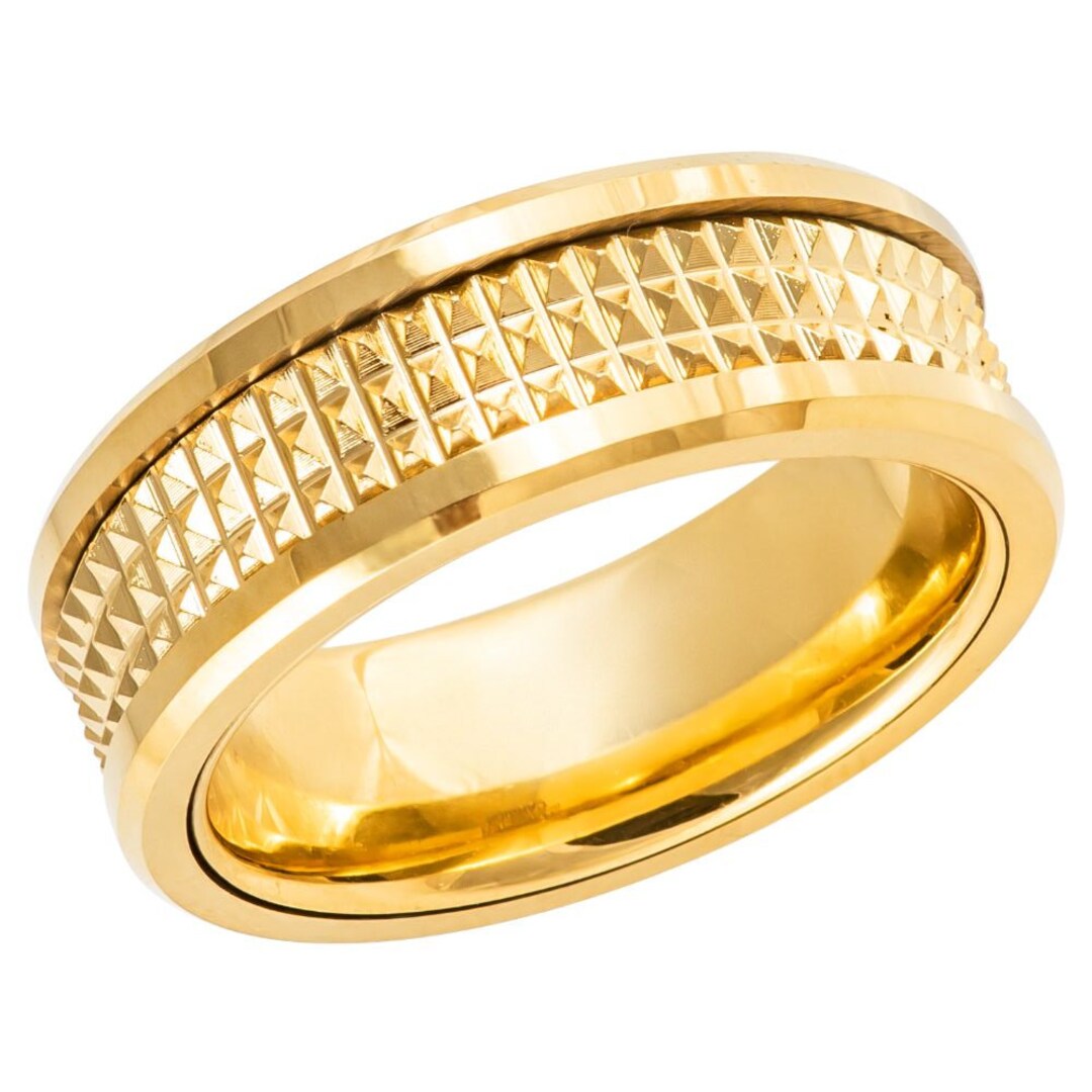 Yellow Gold Ionplated Jagged Center Finish Tungsten Carbide Beveled Edge Wedding Anniversary