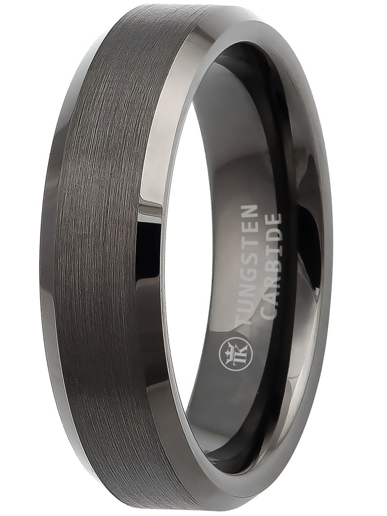 Gun-metal Grey Ion-plated Brushed Finish Polished Beveled Edge Tungsten Ring Comfort-fit Unisex 6mm image 2