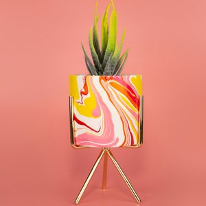 Hand Marbled ceramic succulent planter pot (small size) - desk top Ornament - White, Yellow, Orange, Pink & Magenta