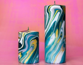 Marbled ORNAMENT decoration pillar candle - Aquamarine - White, Teal, Turquoise, grey & gold