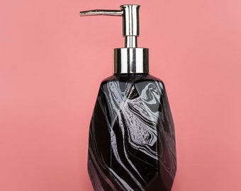 Hand Marbled ceramic soap lotion dispenser, silver pump, geometric - Krampus - Black, Silver & Silver Glitter