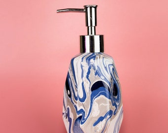 Hand Marbled ceramic soap lotion dispenser, silver pump, geometric - Connell - White, Navy, Pastel dark blue, silver & silver glitter