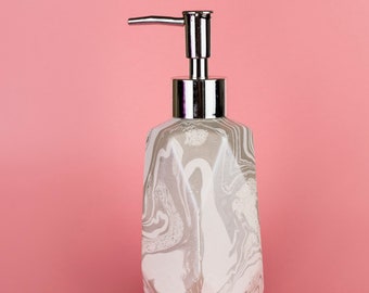 Hand Marbled ceramic soap lotion dispenser, silver pump, geometric - Casper - White, Silver & Silver Glitter