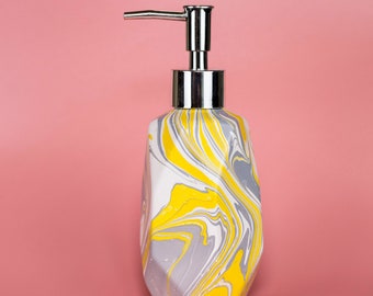Hand Marbled ceramic soap lotion dispenser, silver pump, geometric - Serena - White, Yellow & Grey