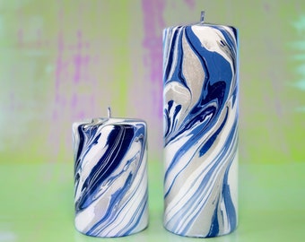 Marbled ORNAMENT decoration pillar candle - Connell - White, Navy, Pastel dark blue, silver & silver glitter