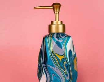 Hand Marbled ceramic soap lotion dispenser, gold pump, geometric - Aquamarine - Turquoise, teal, gold, grey & white