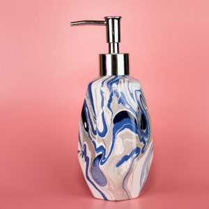 Hand Marbled ceramic soap lotion dispenser, silver pump, geometric - Connell - White, Navy, Pastel dark blue, silver & silver glitter