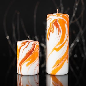 Halloween ORNAMENT decoration Marble pillar wax candle - Gizmo - White, Orange & Copper - Limited Edition - Made to Order