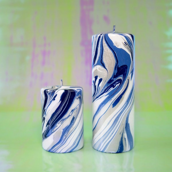 Marbled ORNAMENT decoration pillar candle - Connell - White, Navy, Pastel dark blue, silver & silver glitter