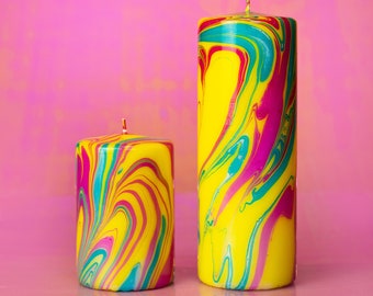 Marbled ORNAMENT decoration pillar candle Ornament - Eleven - Yellow, Pink & Turquoise