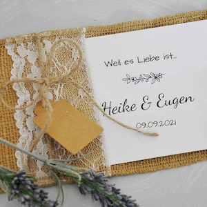 Einladungskarten Hochzeit VINTAGE diy, HOCHZEITSEINLADUNG edel rustikal - Jutesack mit Vintage Spitze