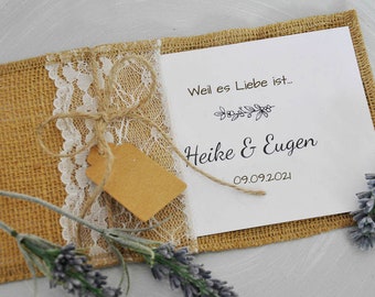 Einladungskarten Hochzeit VINTAGE diy, HOCHZEITSEINLADUNG edel rustikal - Jutesack mit Vintage Spitze