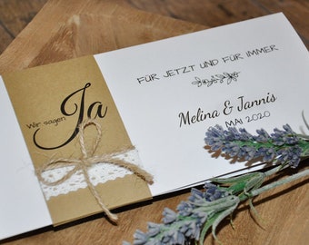 Vintage Hochzeitseinladung -  Kraftpapier Banderole mit weißer Spitze - Einladungskarten Hochzeit - inkl. Gestaltung