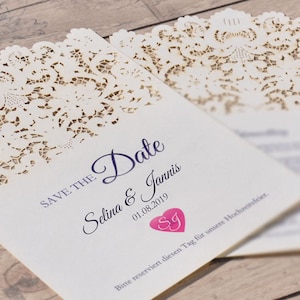 SAVE THE DATE Karte | Einladung Hochzeit | Lasercut Spitze | Einladung Vintage |  Hochzeitskarten, individualisierbar